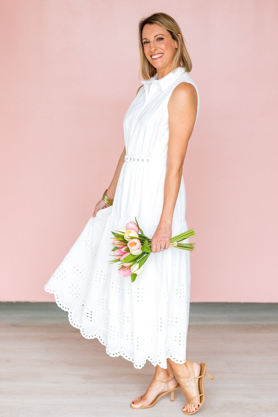White EYELET HEM MIDI DRESS S White EYELET HEM MIDI DRESS S