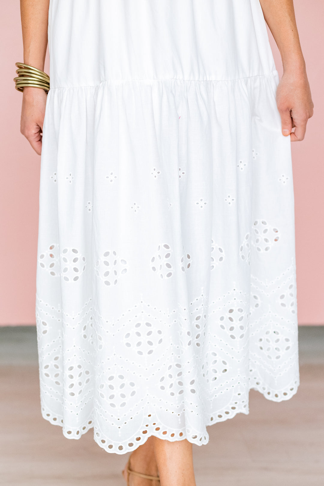 WHITE EYELET HEM MIDI DRESS