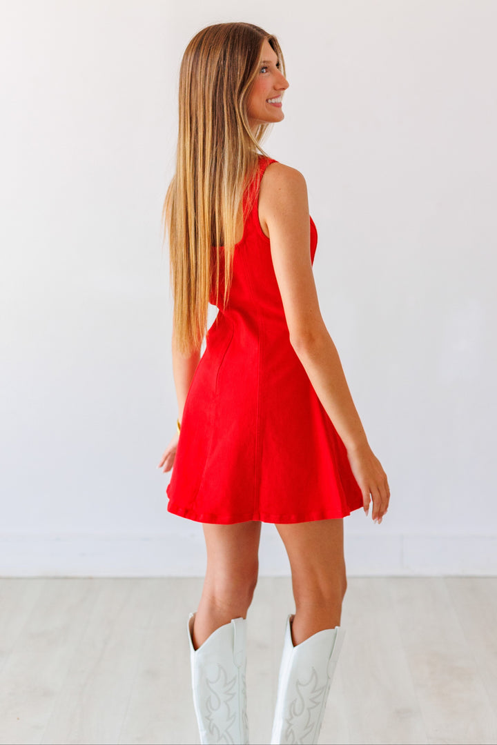 RED DENIM SQUARE NECK MINI DRESS