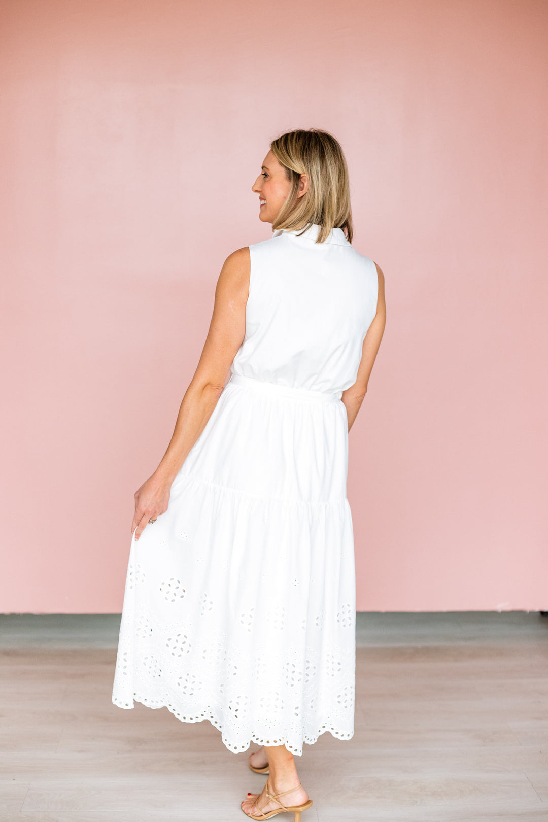 WHITE EYELET HEM MIDI DRESS