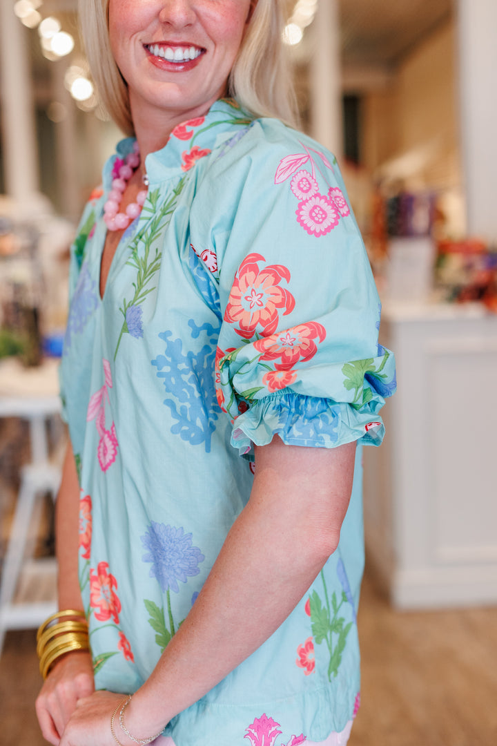 SEAFOAM FLORALS POPLIN BLOUSE