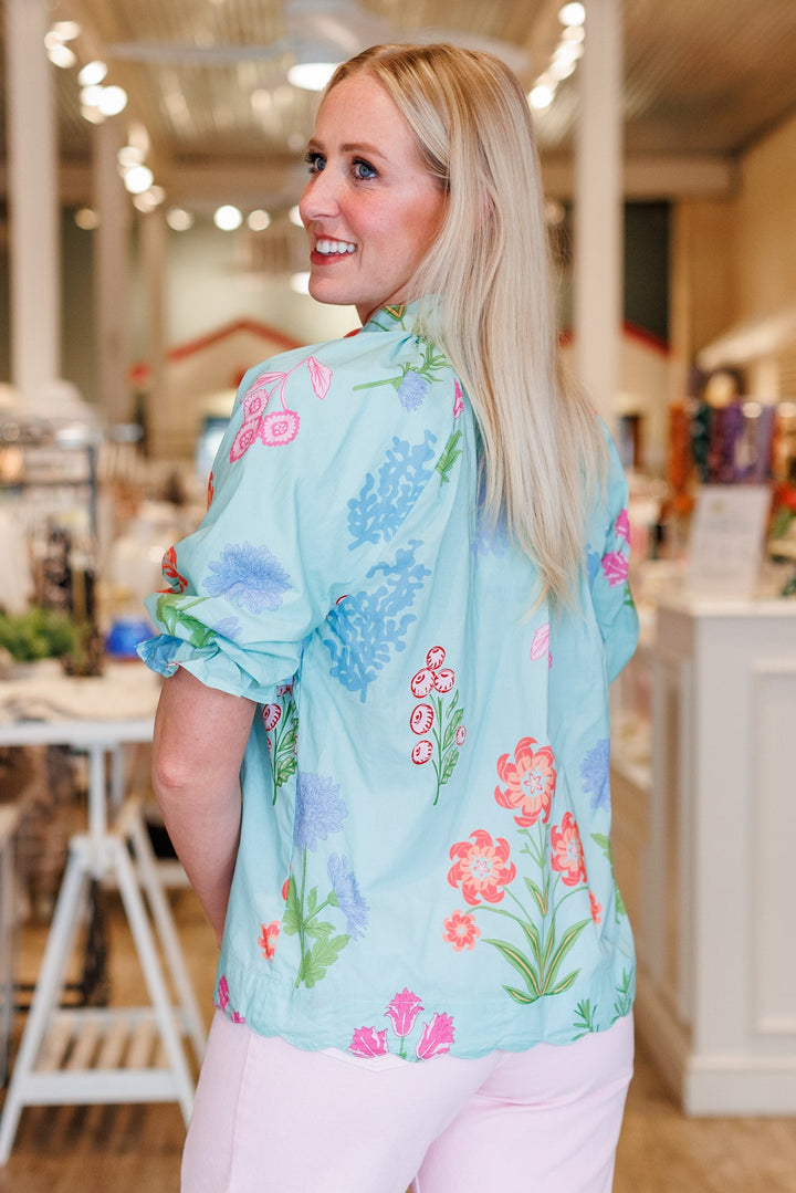 SEAFOAM FLORALS POPLIN BLOUSE