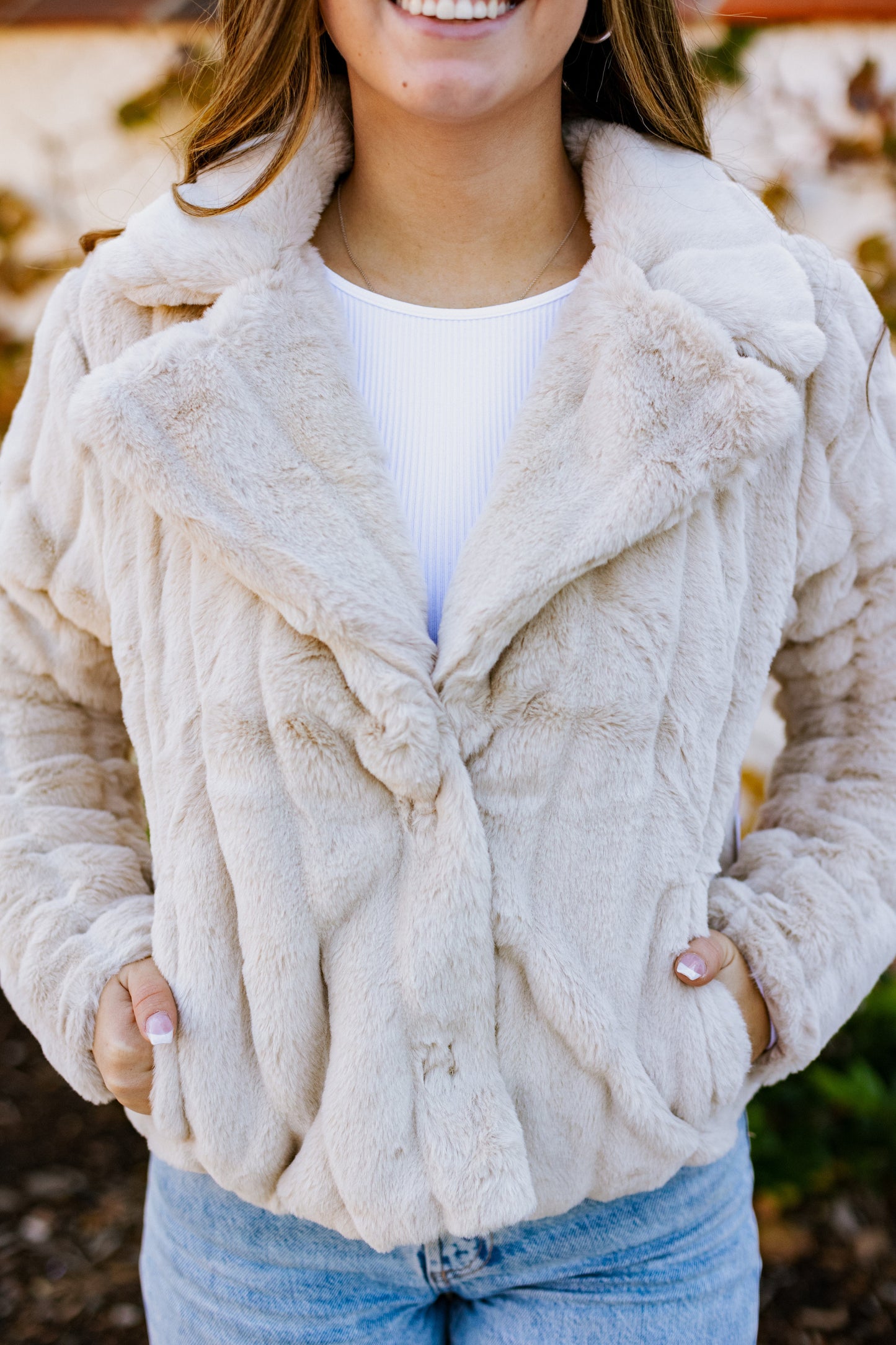 POP THE BUBBLY FAUX FUR JACKET OYSTER