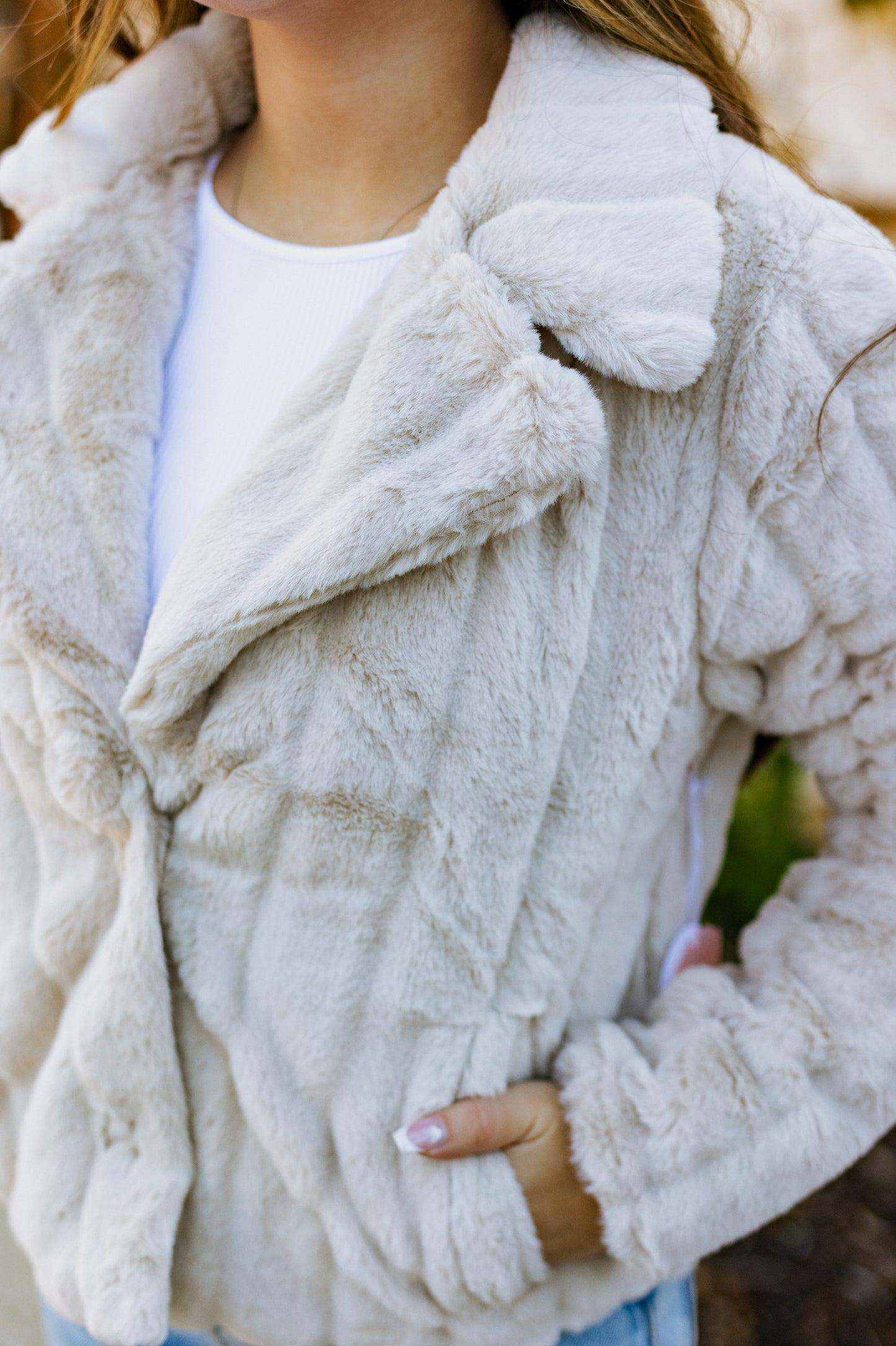 POP THE BUBBLY FAUX FUR JACKET OYSTER