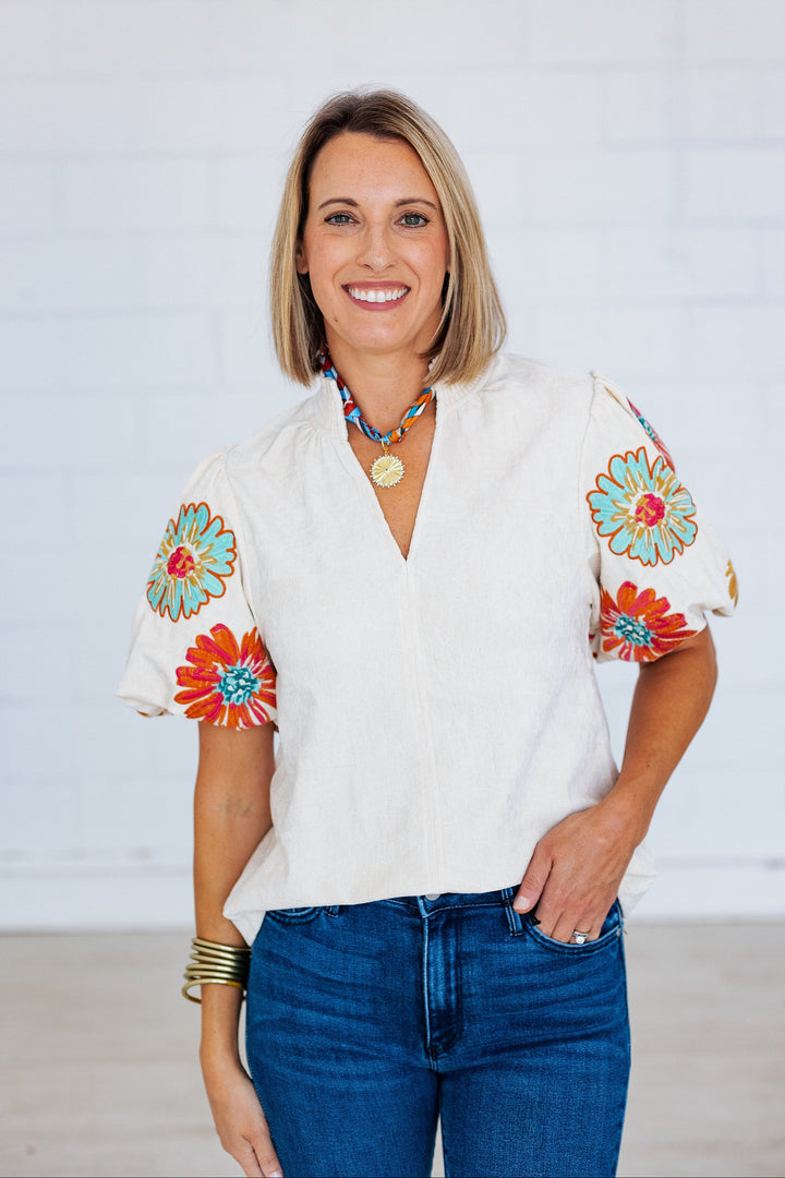 CREAM EMBROIDERED FLORAL SLEEVE BLOUSE