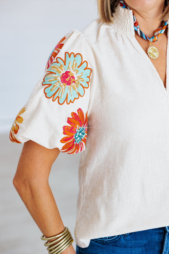 CREAM EMBROIDERED FLORAL SLEEVE BLOUSE