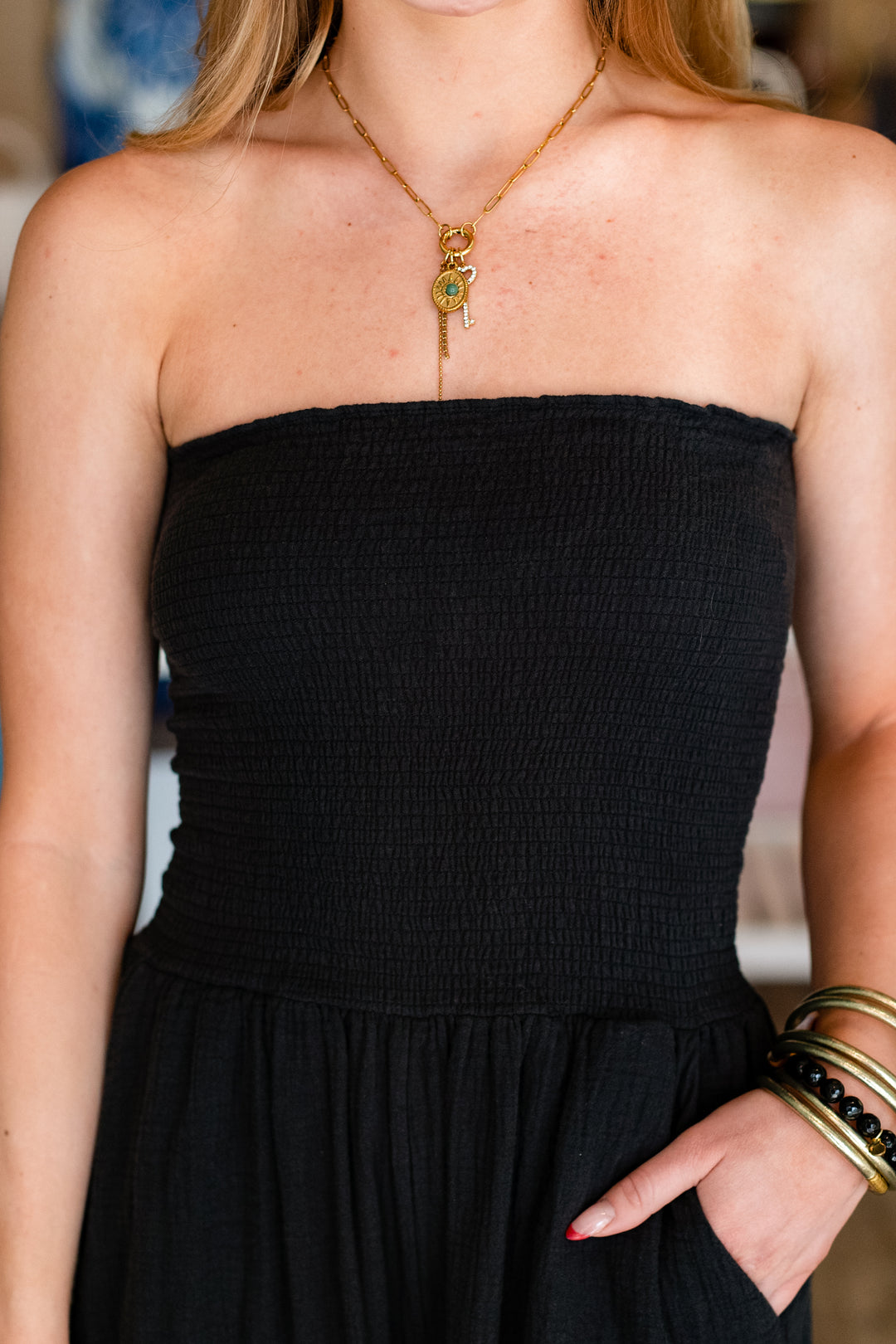 STRAPLESS LINEN FLOW JUMPSUIT- BLACK