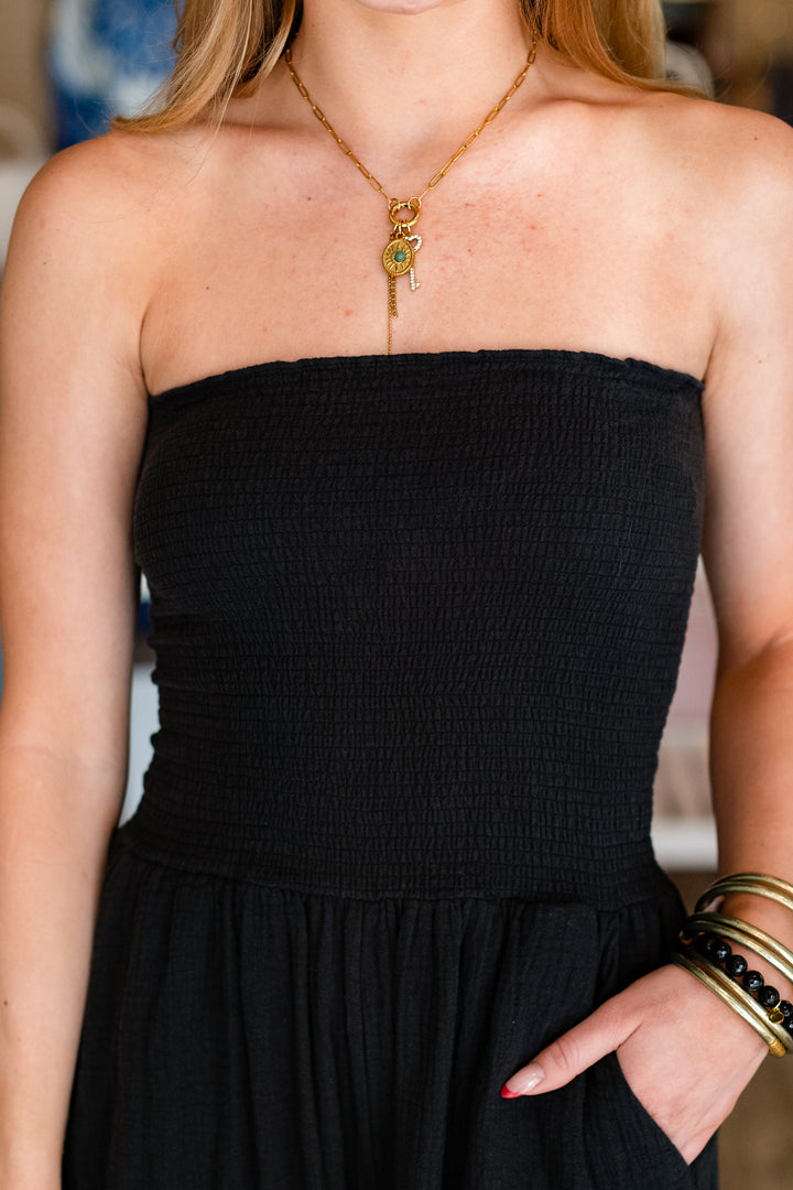 STRAPLESS LINEN FLOW JUMPSUIT- BLACK