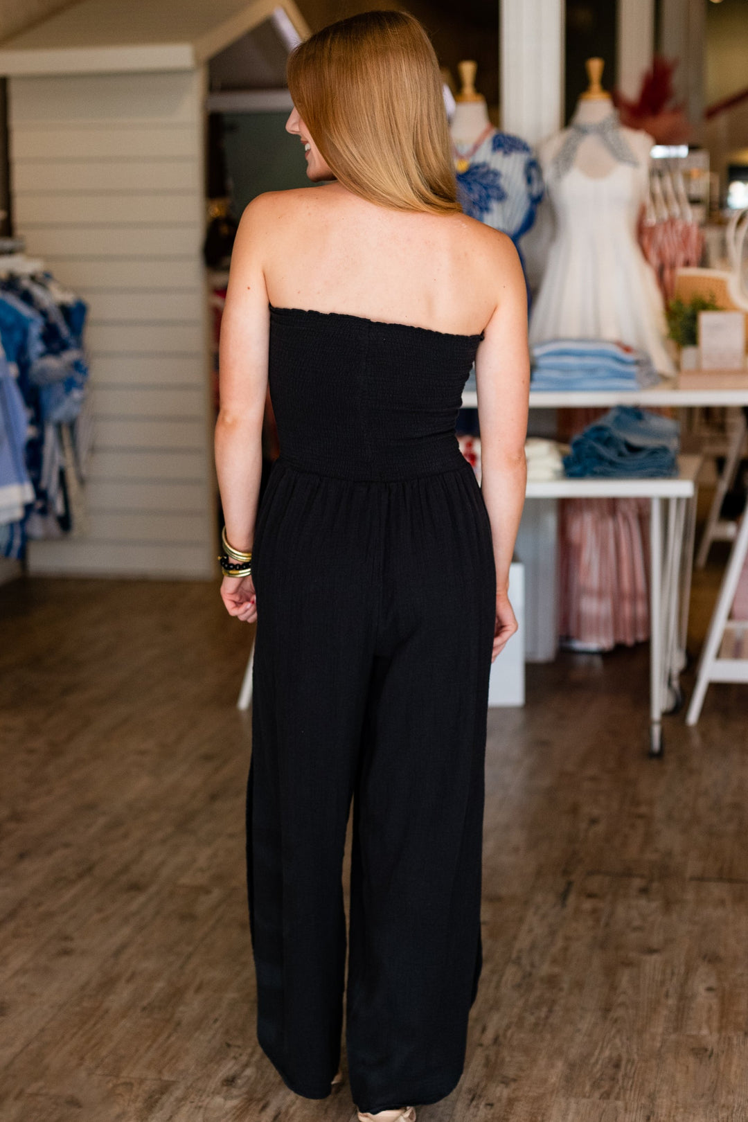 STRAPLESS LINEN FLOW JUMPSUIT- BLACK