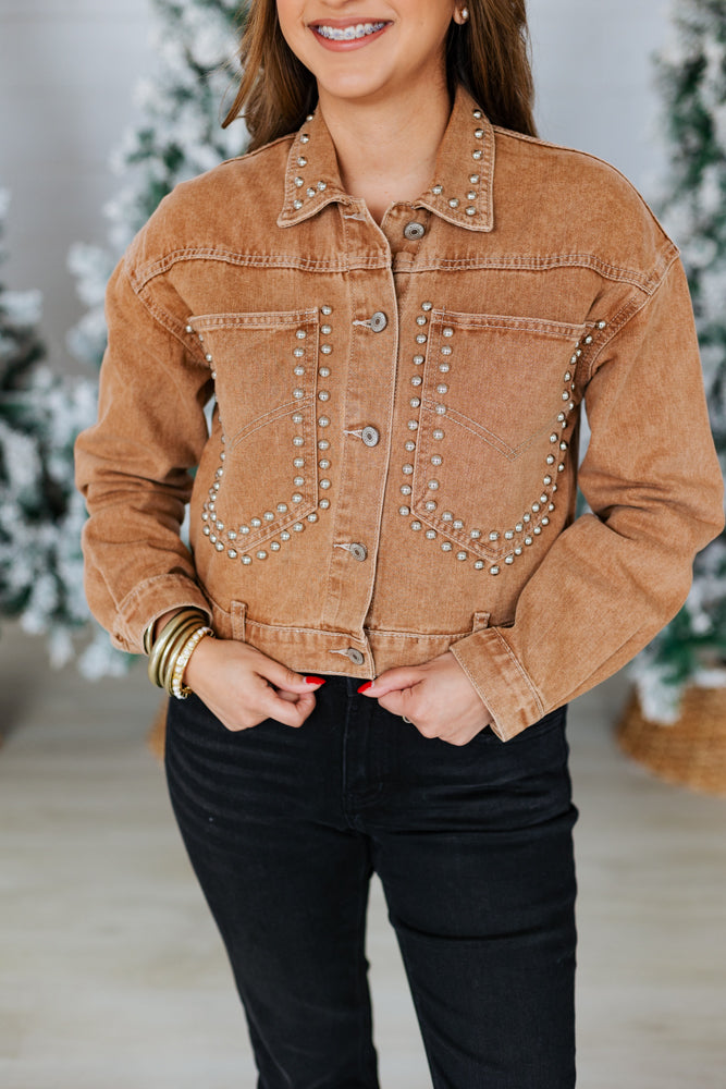 BROWN STUDDED DENIM JACKET