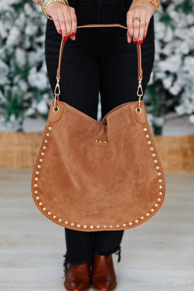 ROSALIE RIVET SUEDE HOBO BAG- CAMEL