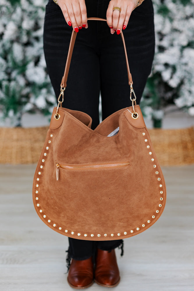 ROSALIE RIVET SUEDE HOBO BAG- CAMEL