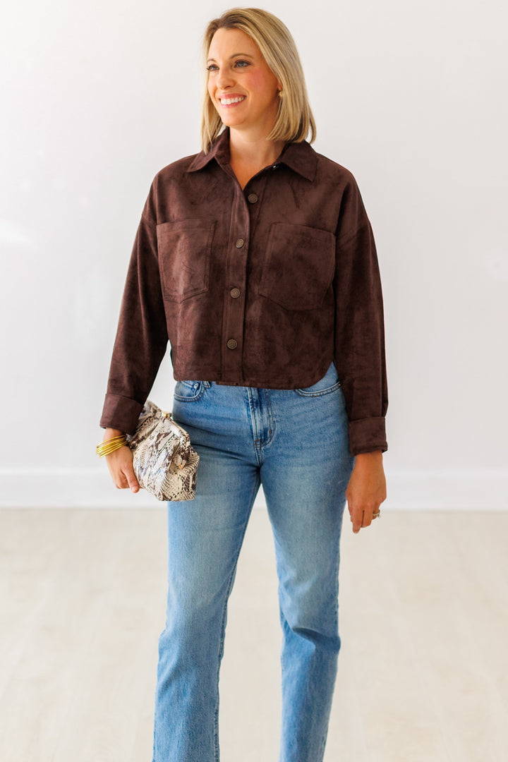ALL DAY CROPPED SUEDE JACKET- DARK CHOCOLATE