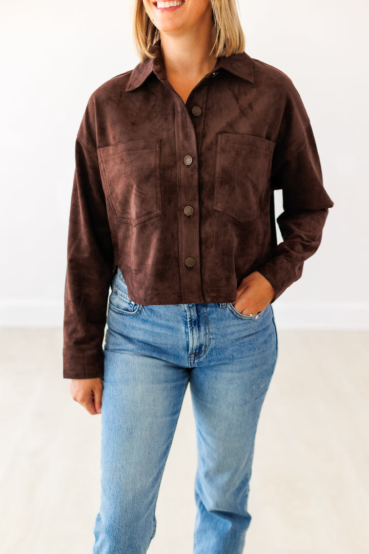 ALL DAY CROPPED SUEDE JACKET- DARK CHOCOLATE