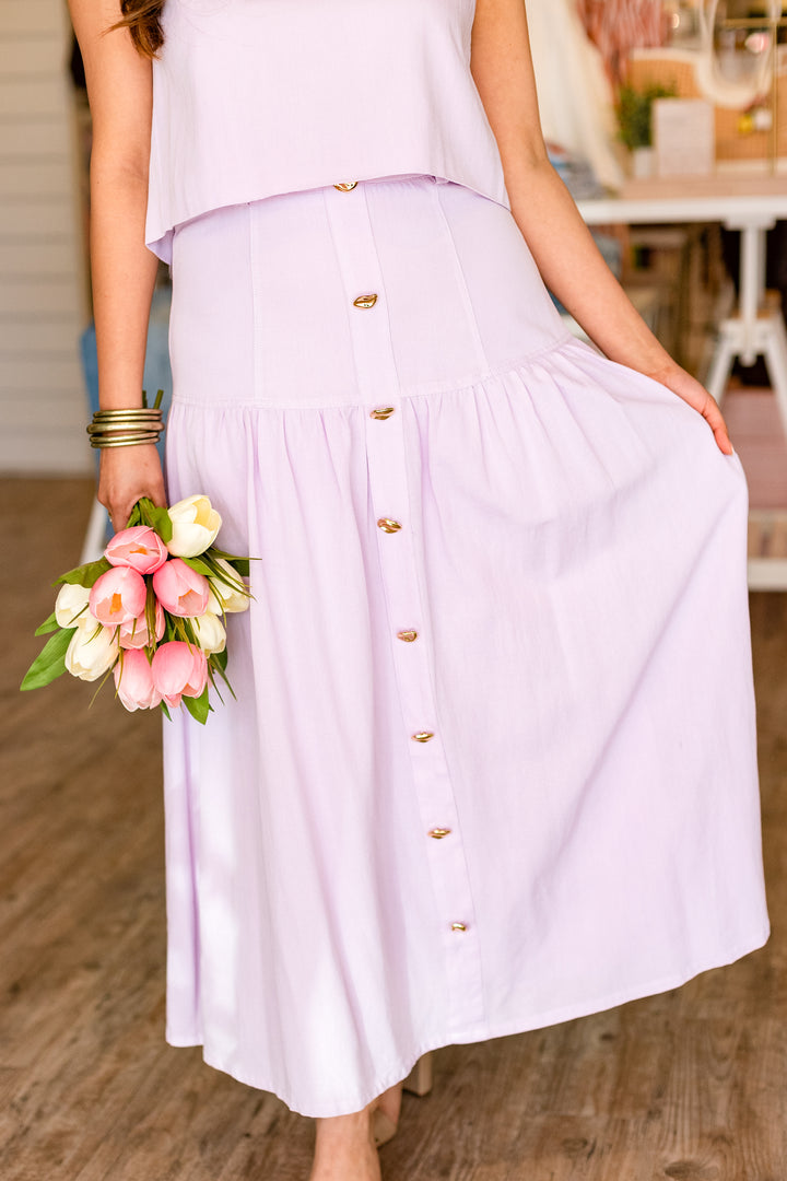 LILY LAVENDER BUTTON MIDI SKIRT
