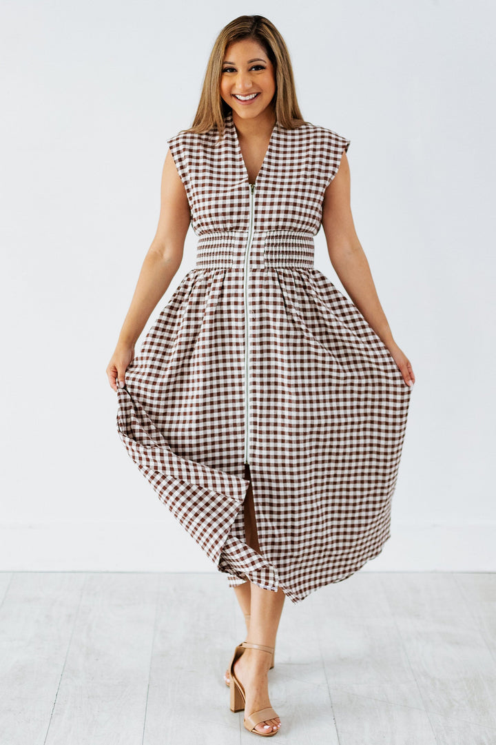 CHOCOLATE GINGHAM ZIP UP MIDI DRESS