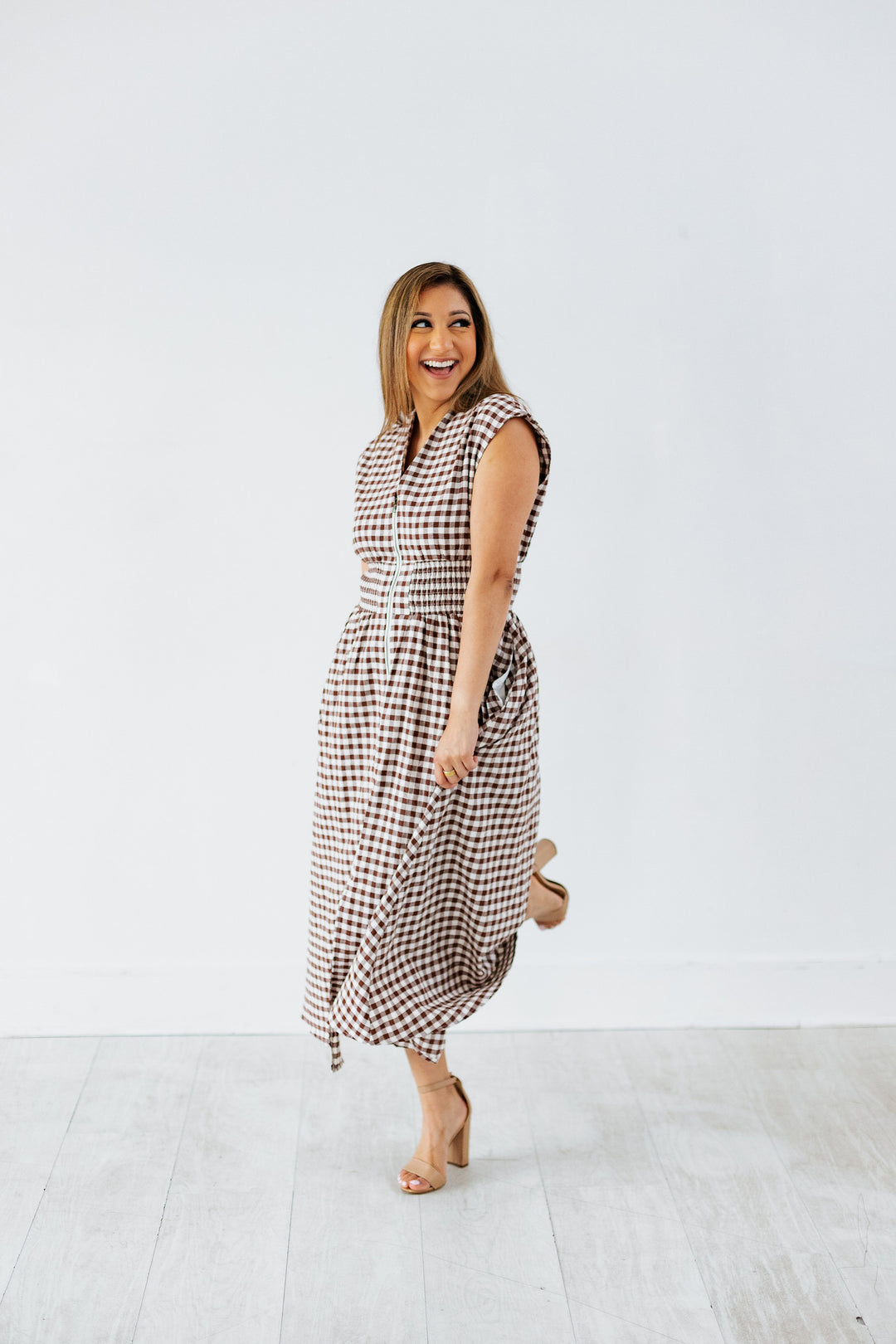 CHOCOLATE GINGHAM ZIP UP MIDI DRESS