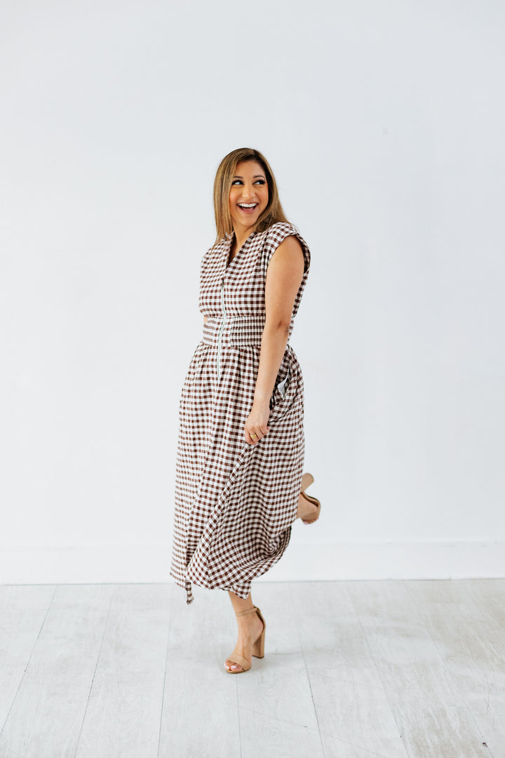 CHOCOLATE GINGHAM ZIP UP MIDI DRESS