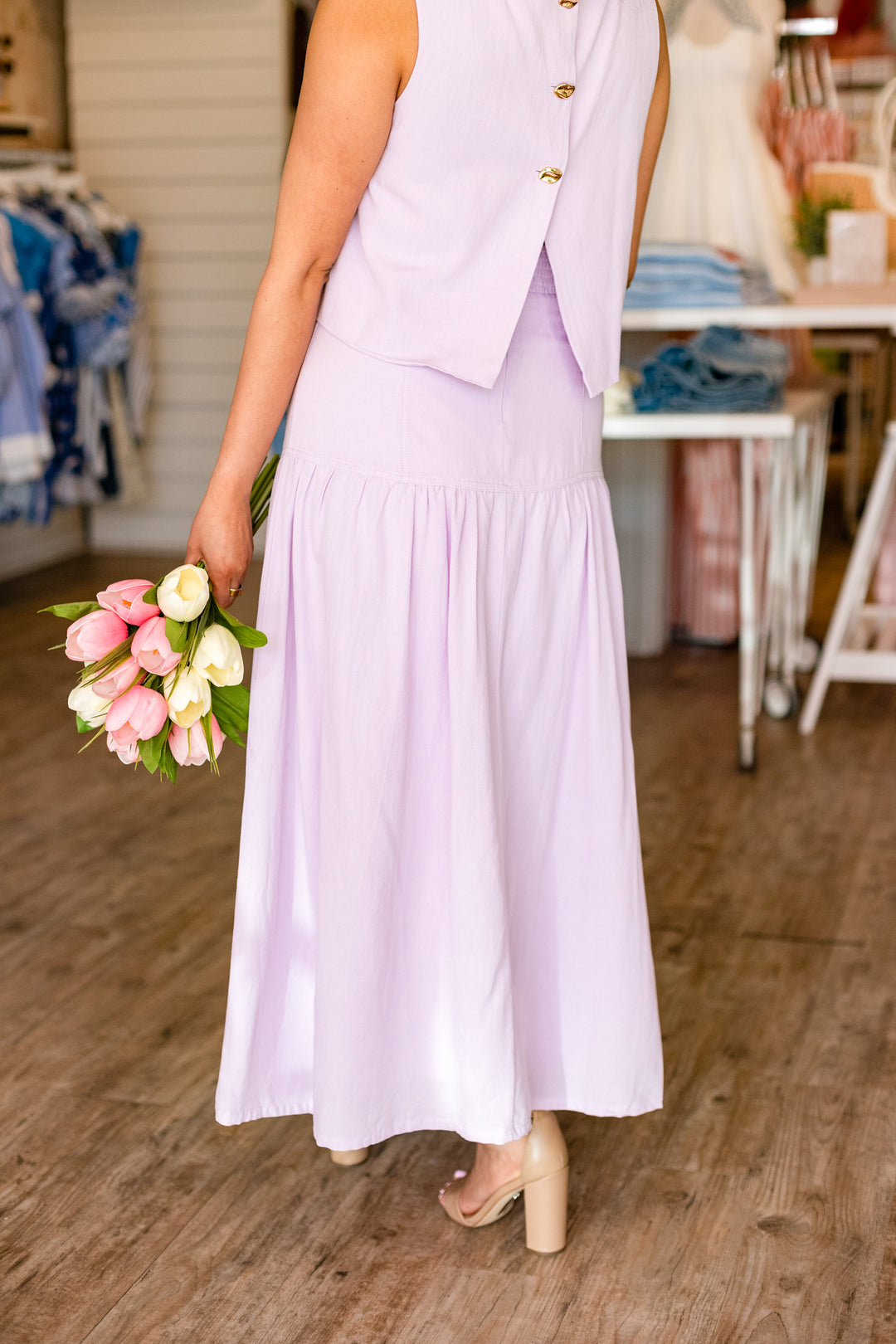 LILY LAVENDER BUTTON MIDI SKIRT