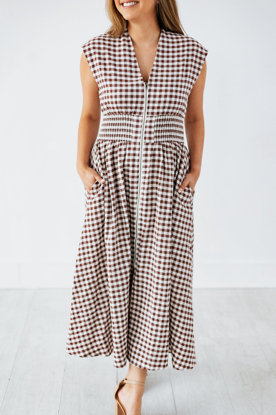 CHOCOLATE GINGHAM ZIP UP MIDI DRESS