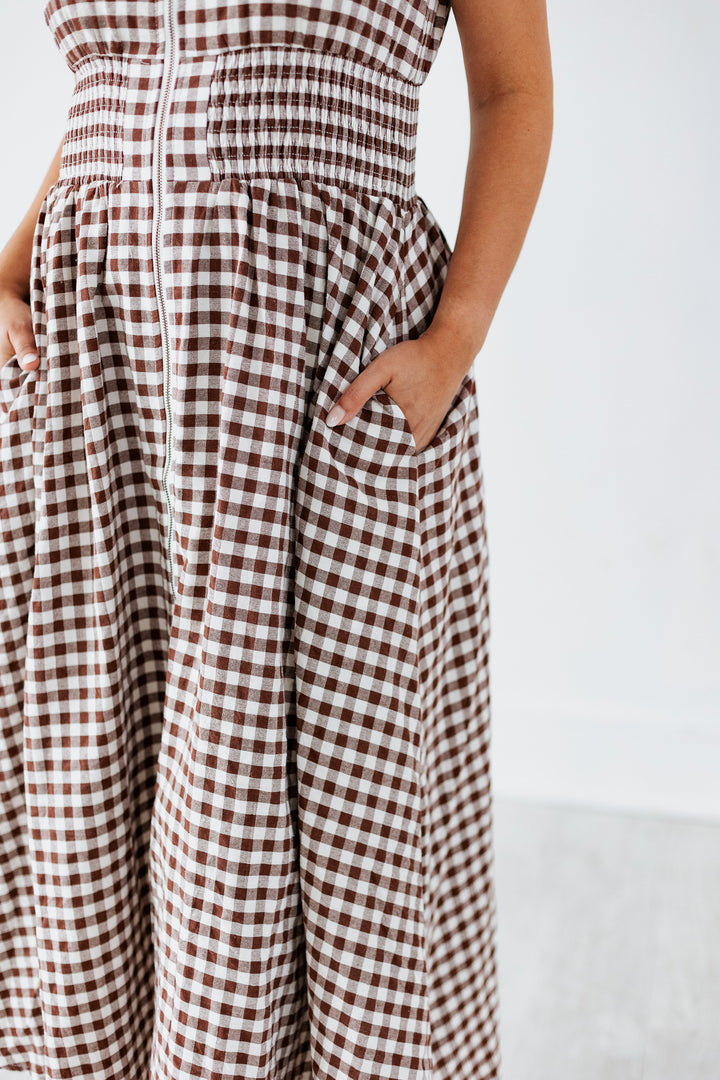 CHOCOLATE GINGHAM ZIP UP MIDI DRESS