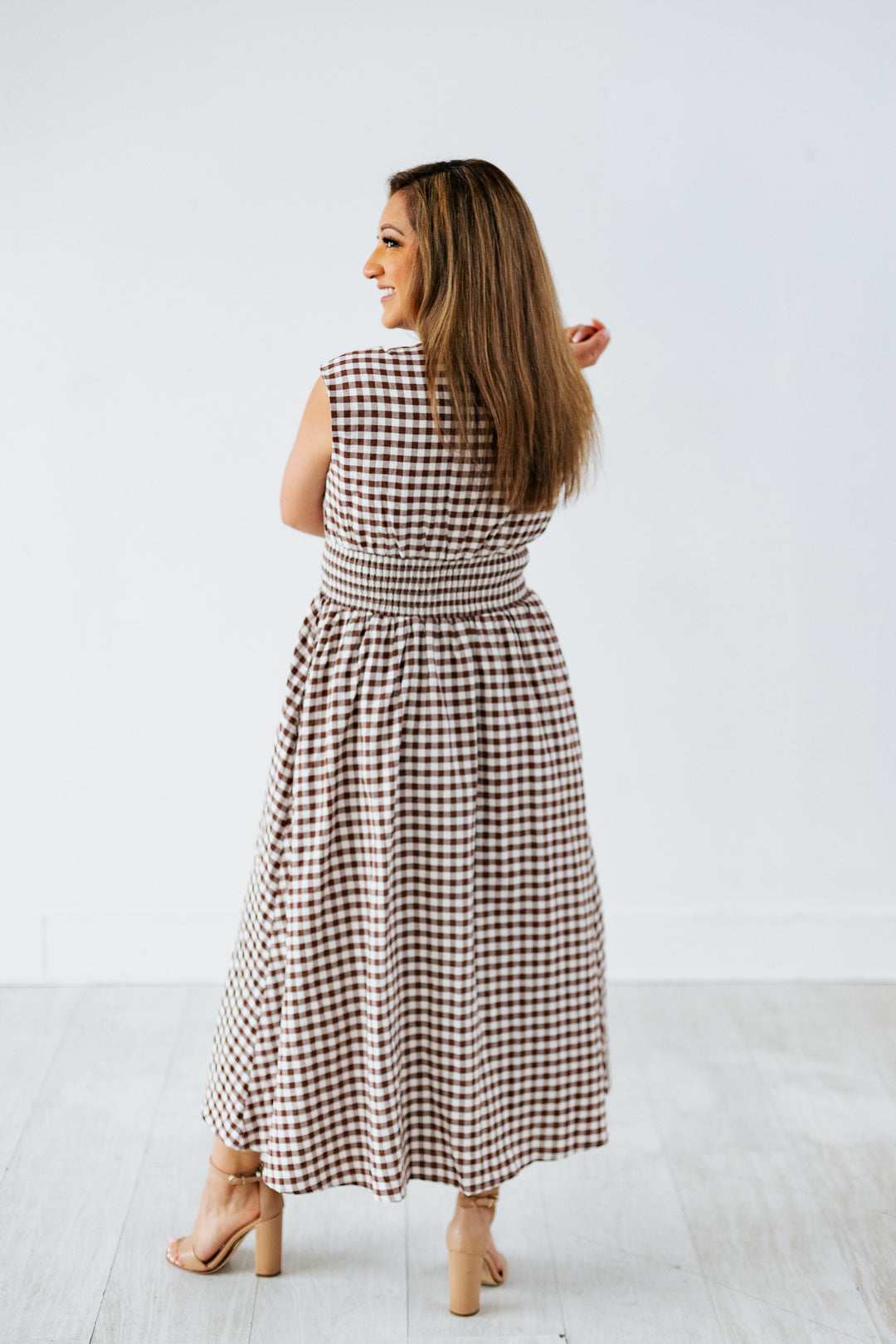 CHOCOLATE GINGHAM ZIP UP MIDI DRESS