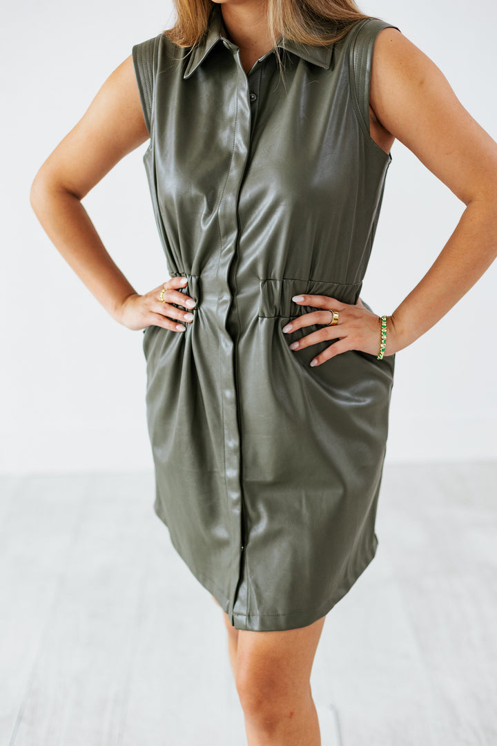 FAUX LEATHER MINI DRESS- PINE GREEN