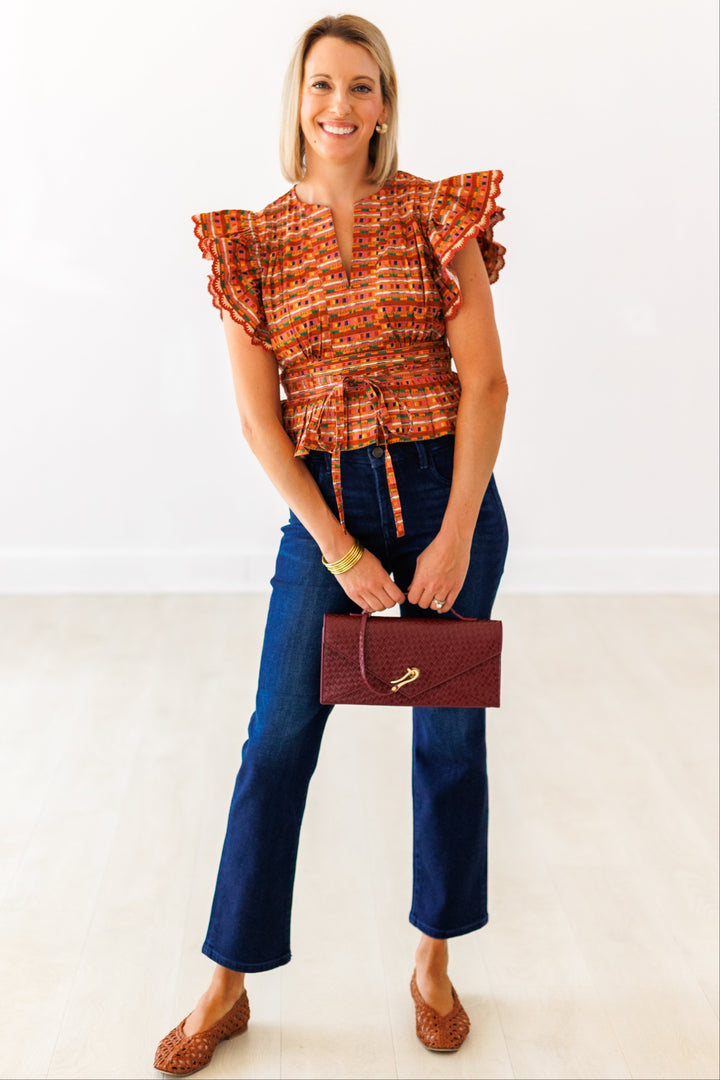 TERRACOTTA MULTI FLUTTER SLEEVE TOP