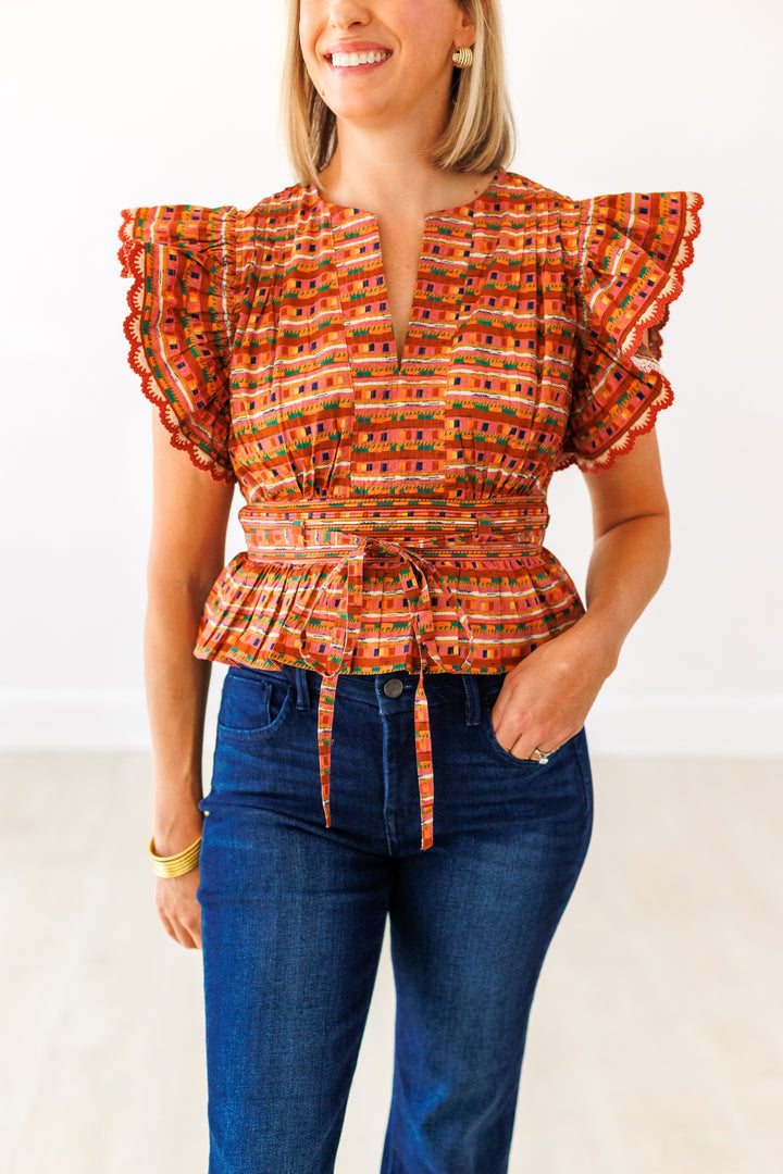 TERRACOTTA MULTI FLUTTER SLEEVE TOP