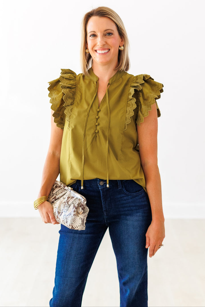 MARTINI OLIVE LACE RUFFLE SLEEVE BLOUSE