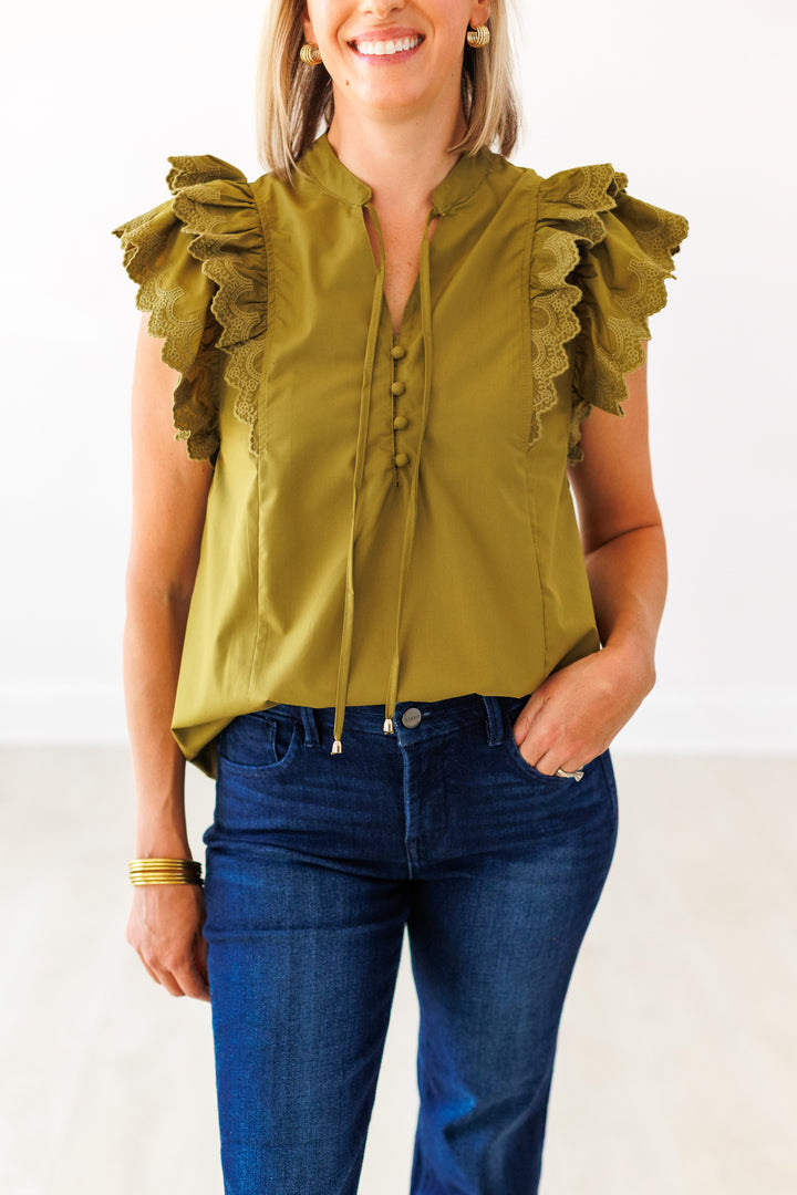 MARTINI OLIVE LACE RUFFLE SLEEVE BLOUSE