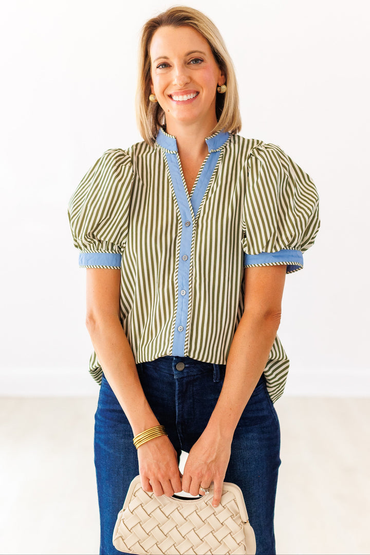 OLIVE STRIPED BUTTON UP BLOUSE
