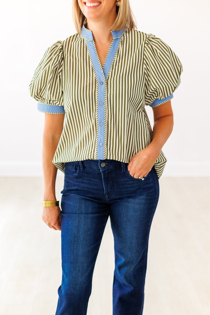 OLIVE STRIPED BUTTON UP BLOUSE