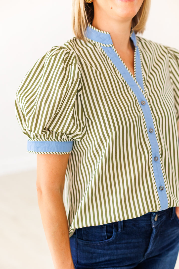 OLIVE STRIPED BUTTON UP BLOUSE