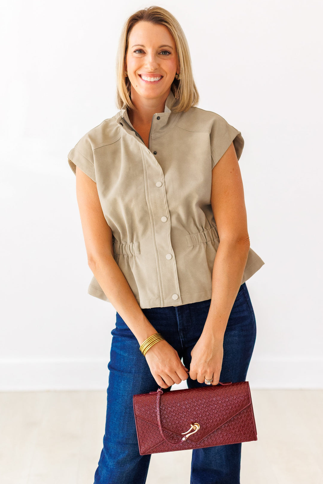 ECRU BUTTON-FRONT CINCHED WAIST TOP