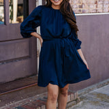 Deep Navy Satin Belted Dress