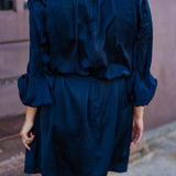 Deep Navy Satin Belted Dress