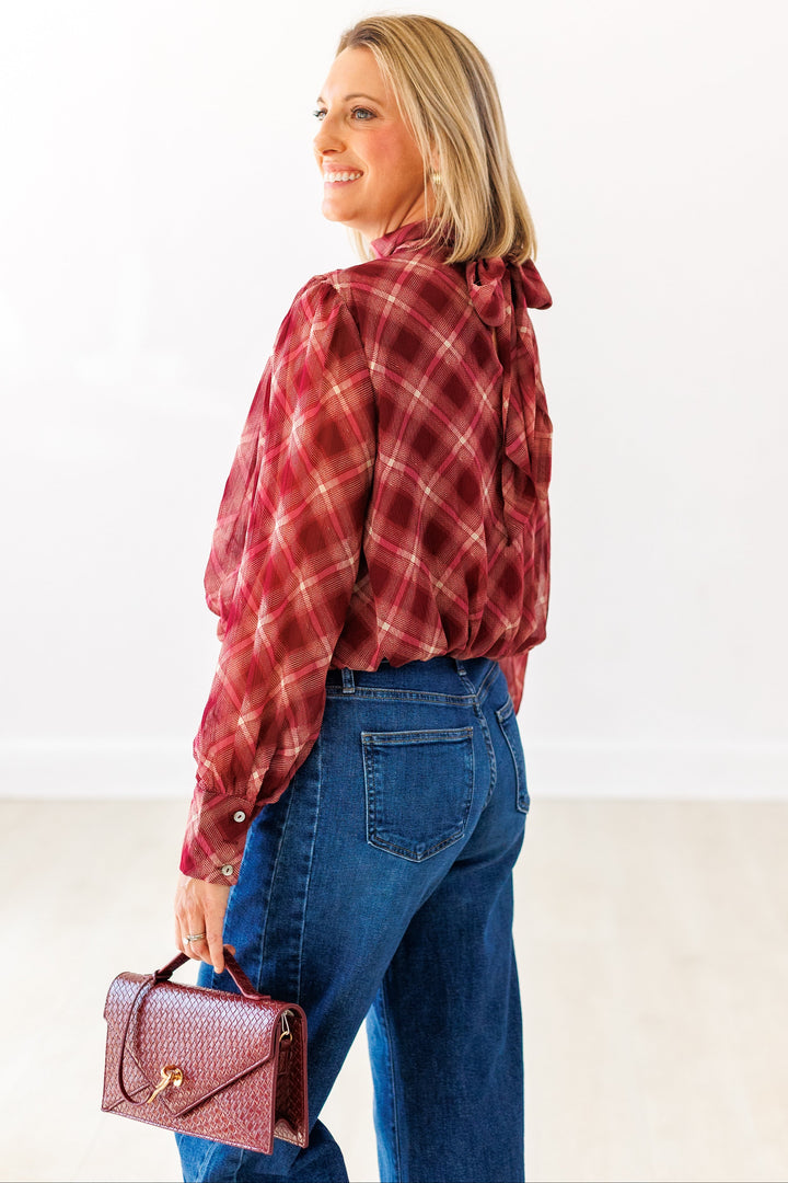 MERLOT PLAID BUBBLE HEM BLOUSE