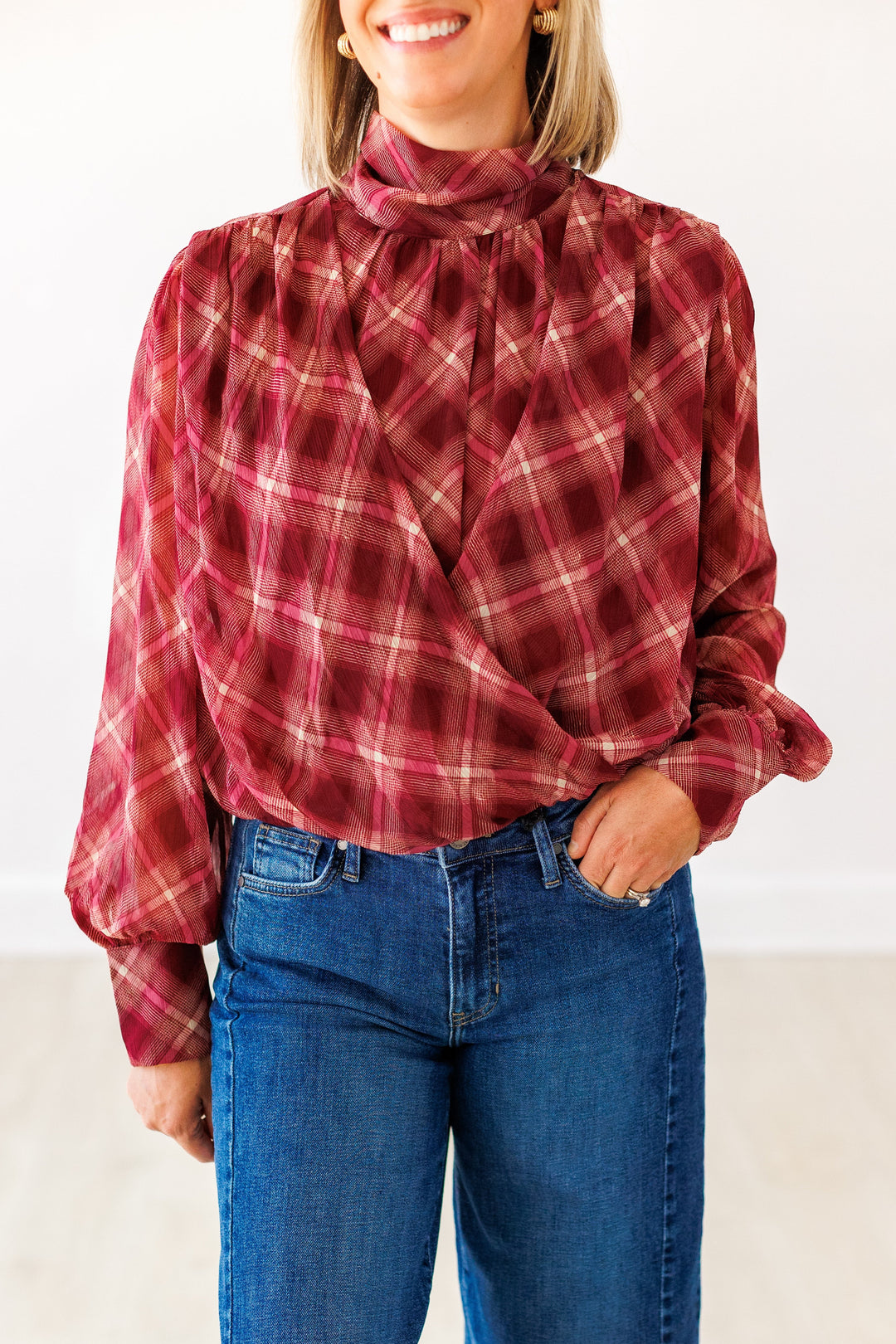 MERLOT PLAID BUBBLE HEM BLOUSE