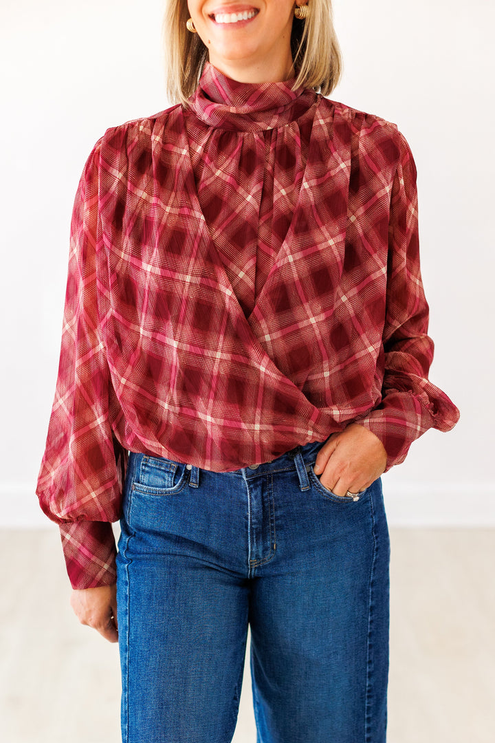 MERLOT PLAID BUBBLE HEM BLOUSE