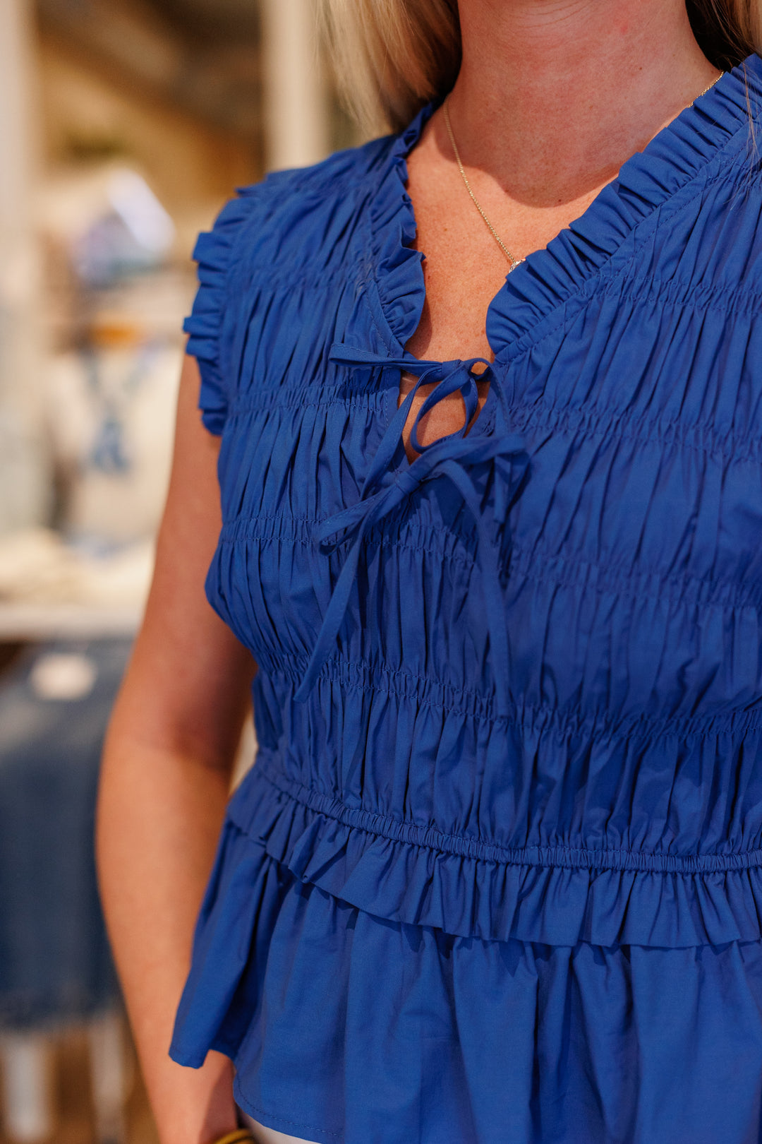 SLEEVELESS SMOCKED FRONT TIE TOP- COBALT BLUE