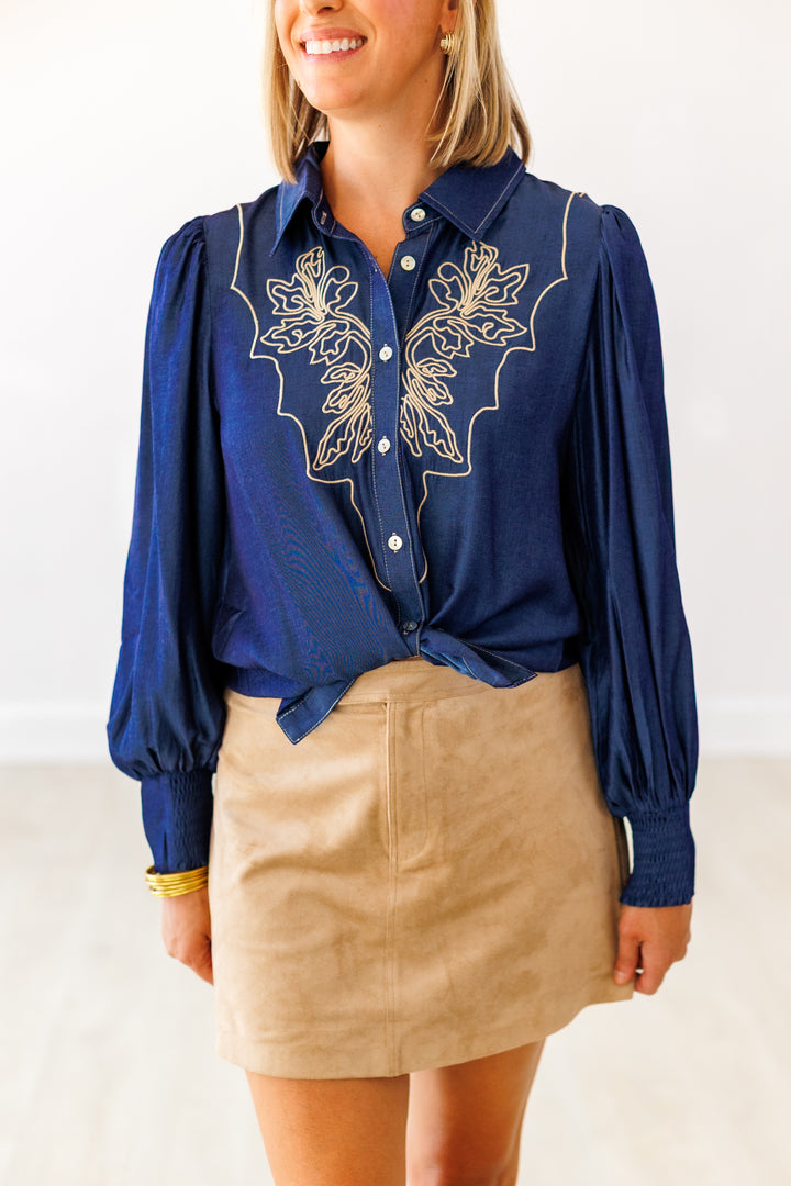 DARK DENIM EMBROIDERED BUTTON BLOUSE