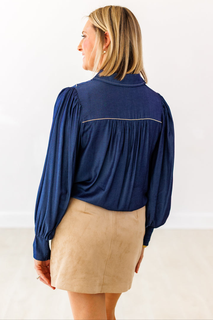DARK DENIM EMBROIDERED BUTTON BLOUSE