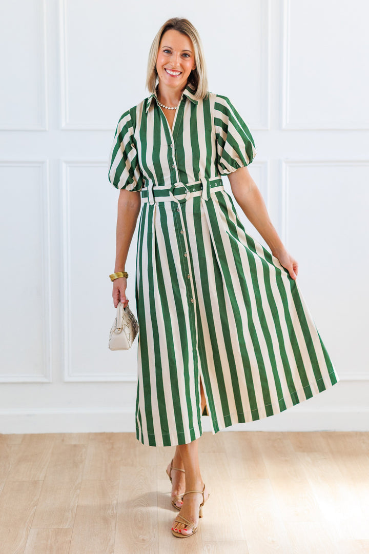 STRIPE BELTED SHIRT DRESS - GREEN &amp; LIGHT TAUPE