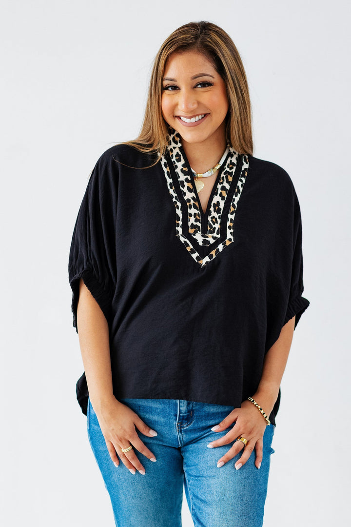 CINDY LEOPARD TRIM BLOUSE