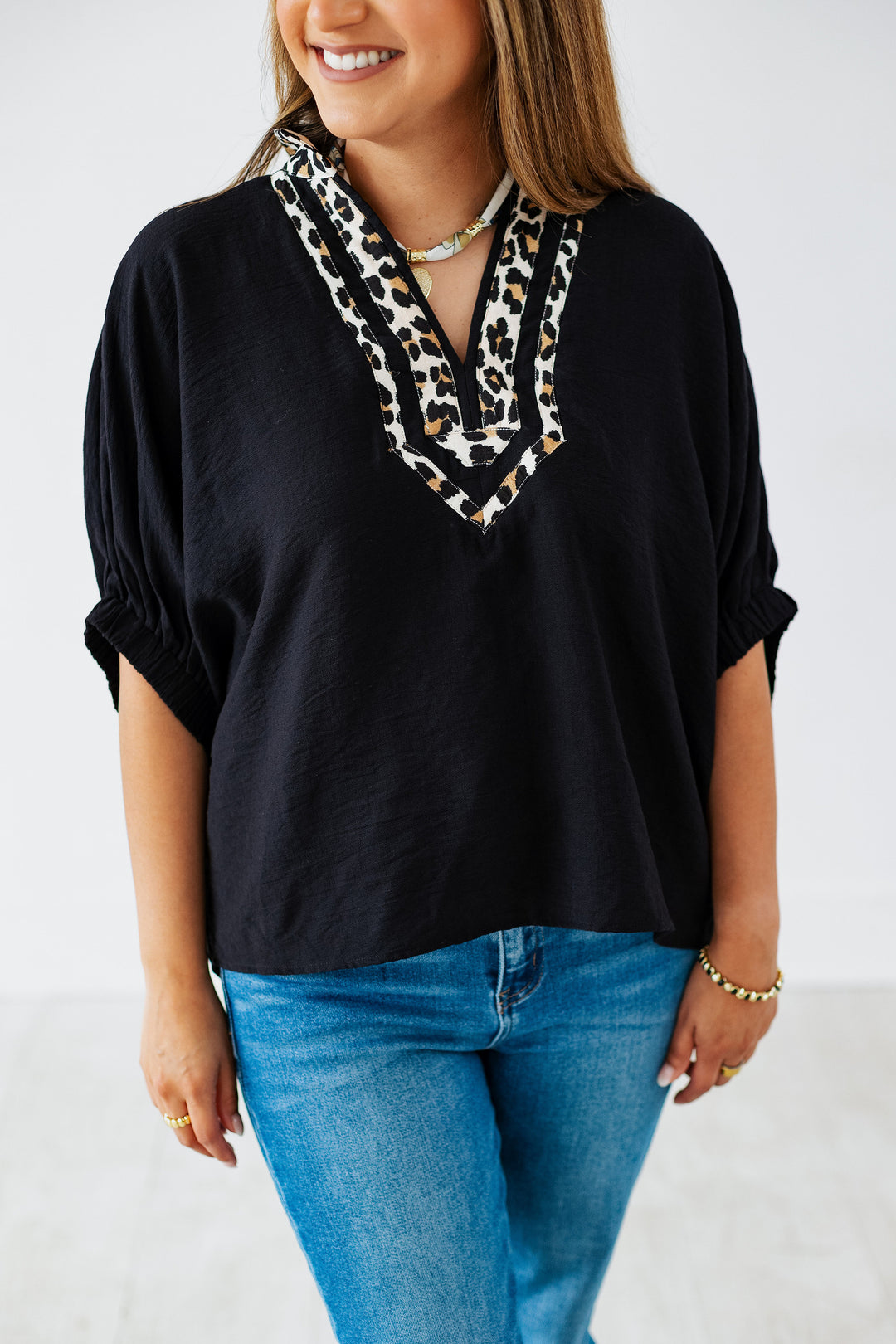 CINDY LEOPARD TRIM BLOUSE