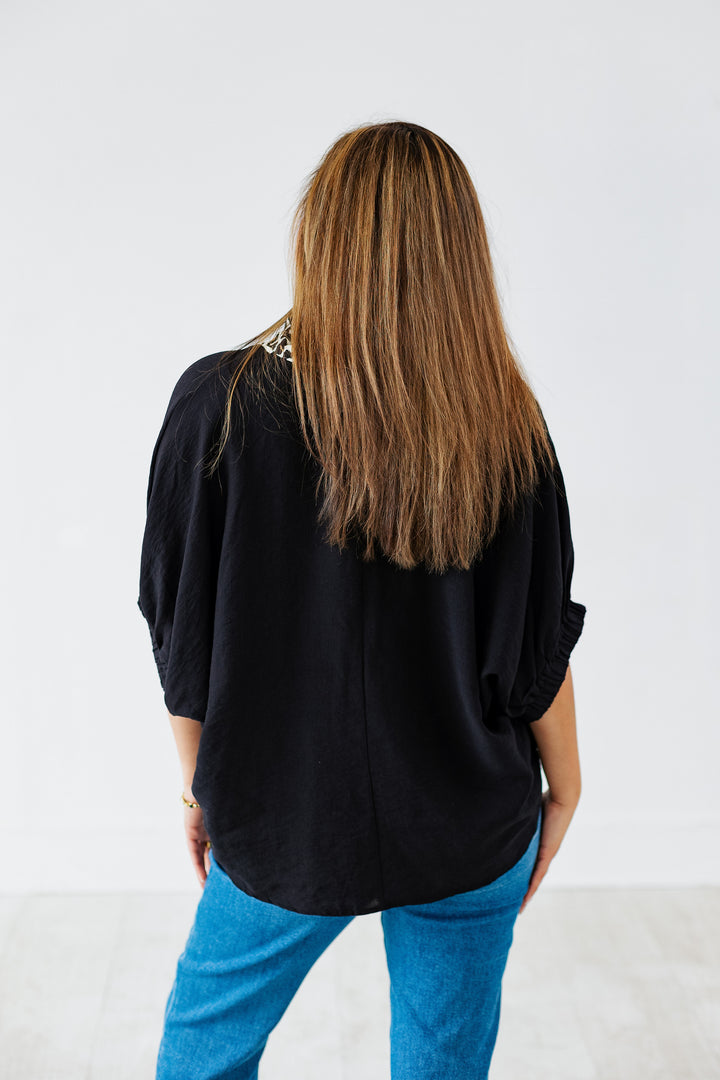CINDY LEOPARD TRIM BLOUSE
