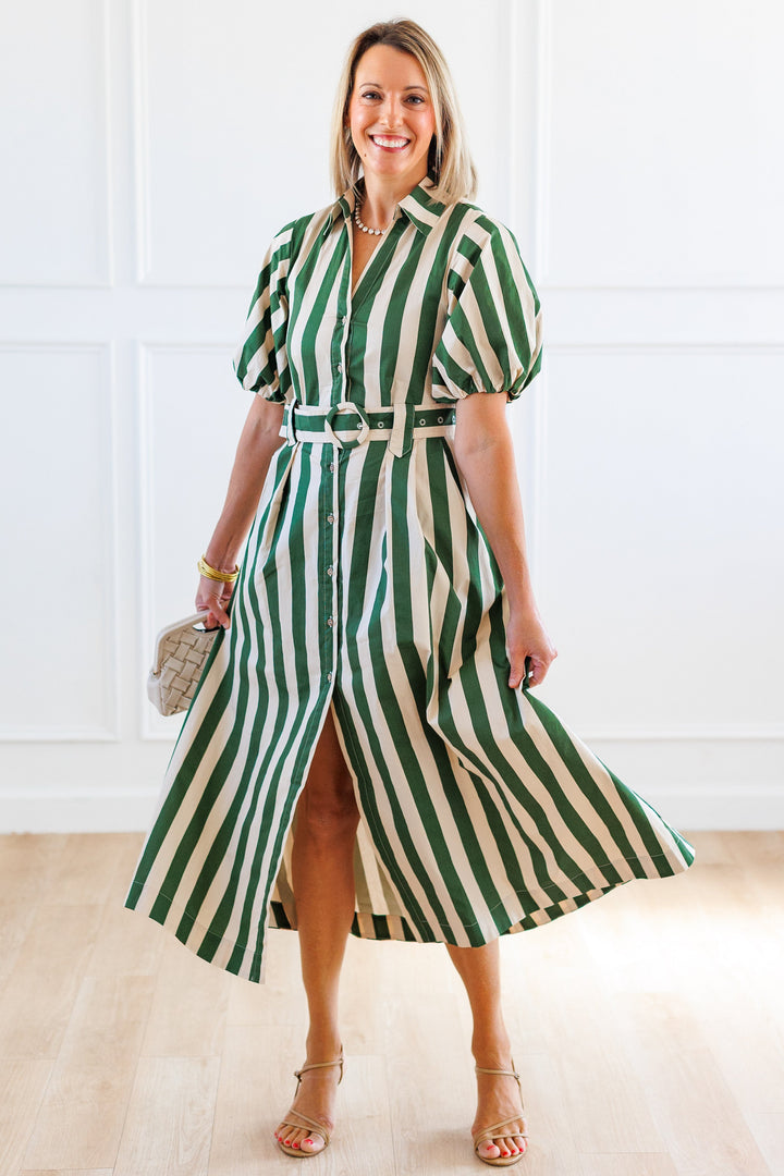 STRIPE BELTED SHIRT DRESS - GREEN &amp; LIGHT TAUPE