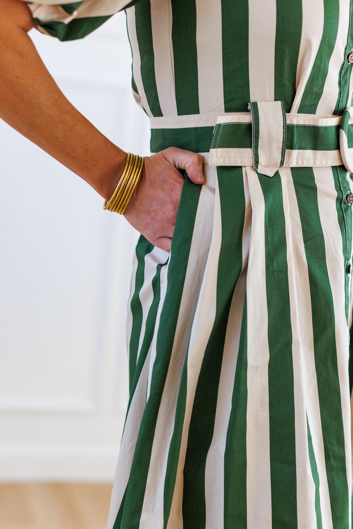 STRIPE BELTED SHIRT DRESS - GREEN &amp; LIGHT TAUPE