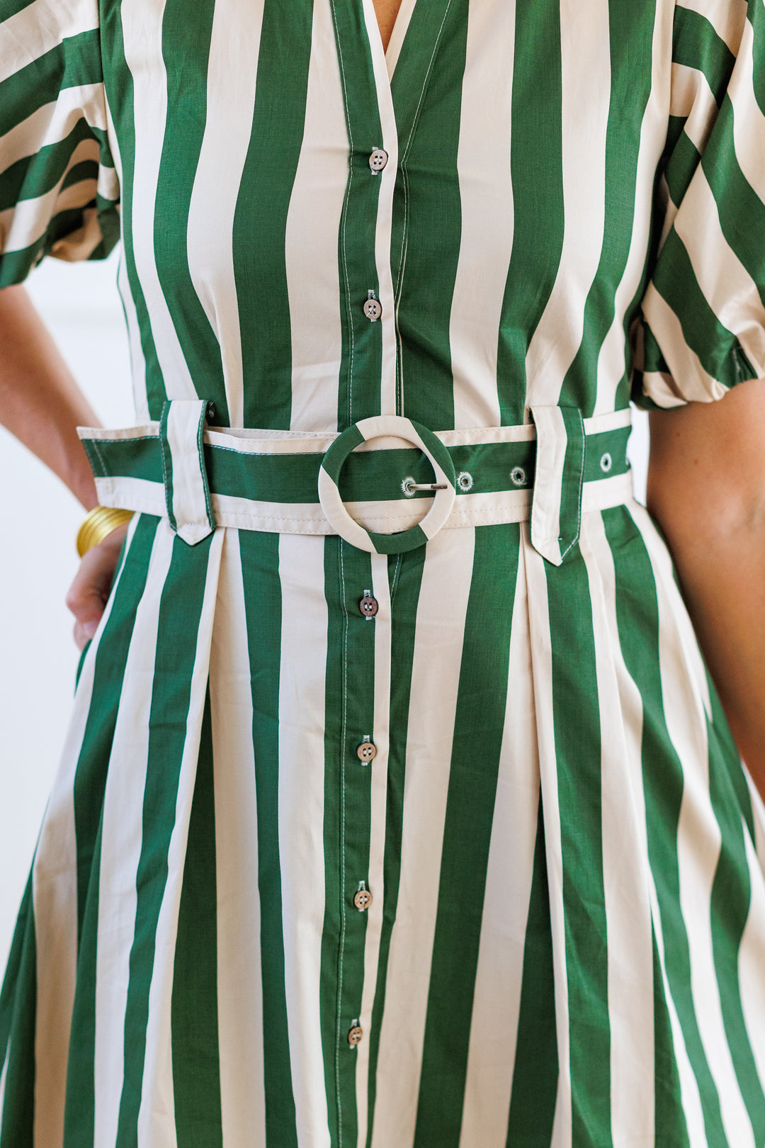 STRIPE BELTED SHIRT DRESS - GREEN &amp; LIGHT TAUPE
